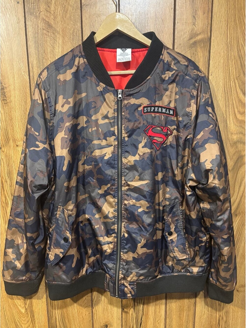 Marvel Comics Superman Camo Jacket Mens XL Brown Superhero Bomber Super Hero